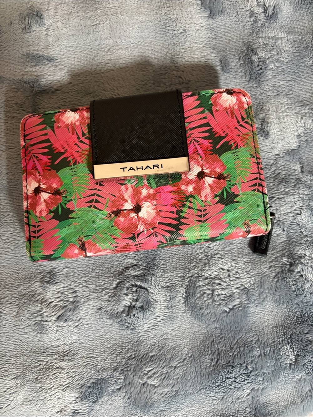 Tahari Floral Zip Wallet in Black, Pink & Green